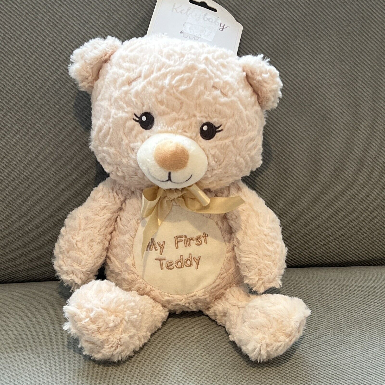 Kellybaby My First Teddy Bear Plush Cream Kellytoy Rattle 14” Baby Lovey New